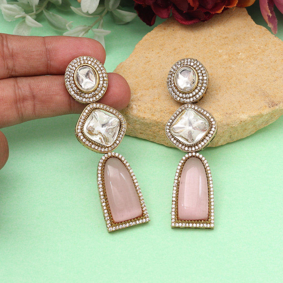 Pink Color Royal Look Handmade Jaipur Earrings On Brass Metal With Moissanite Kundan And Monalisa Stones Studded On Apala Polish (ADE611PNK) - Preyans.com