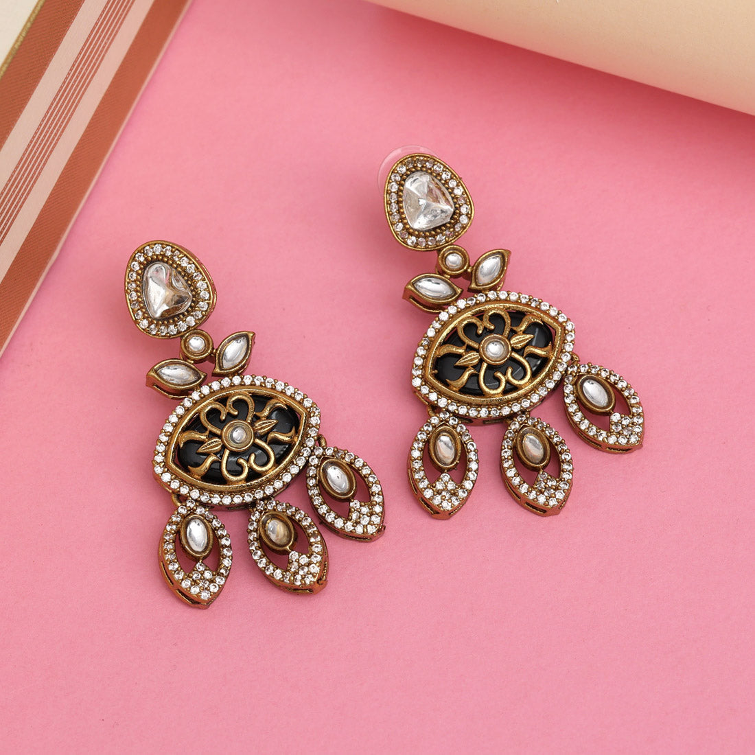 Black Color Royal Look Handmade Jaipur Earrings On Brass Metal With Moissanite Kundan Andad Stones Studded On Apala Polish (ADE612BLK) - Preyans.com