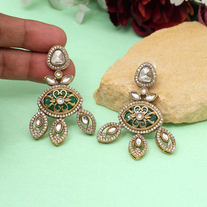 Green Color Royal Look Handmade Jaipur Earrings On Brass Metal With Moissanite Kundan Andad Stones Studded On Apala Polish (ADE612GRN) - Preyans.com