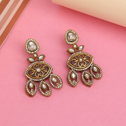 Grey Color Royal Look Handmade Jaipur Earrings On Brass Metal With Moissanite Kundan Andad Stones Studded On Apala Polish (ADE612GRY) - Preyans.com