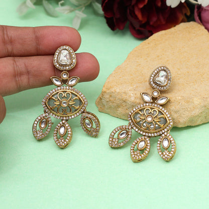 Grey Color Royal Look Handmade Jaipur Earrings On Brass Metal With Moissanite Kundan Andad Stones Studded On Apala Polish (ADE612GRY) - Preyans.com