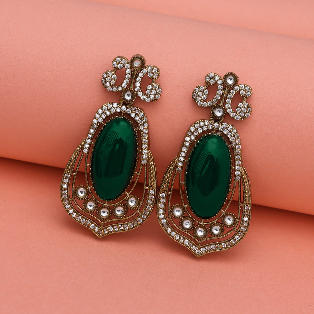 Green Color Royal Look Handmade Jaipur Earrings On Brass Metal With American Diamond And Monalisa Stones Studded On Apala Polish (ADE613GRN) - Preyans.com