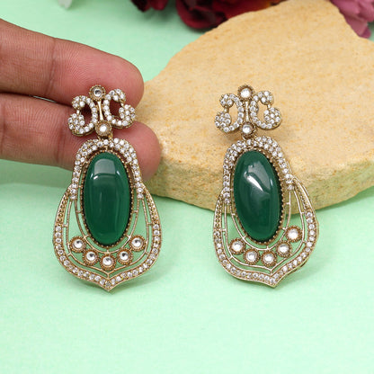 Green Color Royal Look Handmade Jaipur Earrings On Brass Metal With American Diamond And Monalisa Stones Studded On Apala Polish (ADE613GRN) - Preyans.com