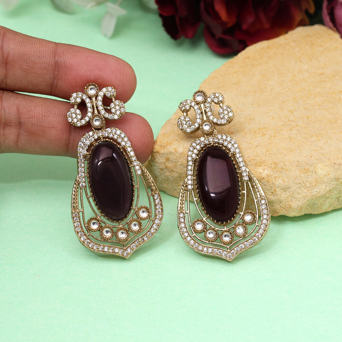 Light Purple Color Royal Look Handmade Jaipur Earrings On Brass Metal With American Diamond And Monalisa Stones Studded On Apala Polish (ADE613LPRP) - Preyans.com