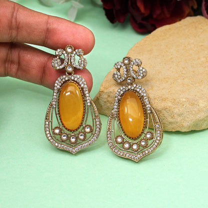 Mustard Yellow Color Royal Look Handmade Jaipur Earrings On Brass Metal With American Diamond And Monalisa Stones Studded On Apala Polish (ADE613MYLW) - Preyans.com