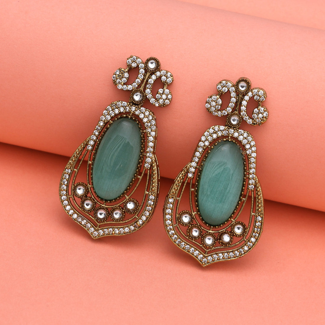 Pista Green Color Royal Look Handmade Jaipur Earrings On Brass Metal With American Diamond And Monalisa Stones Studded On Apala Polish (ADE613PGRN) - Preyans.com