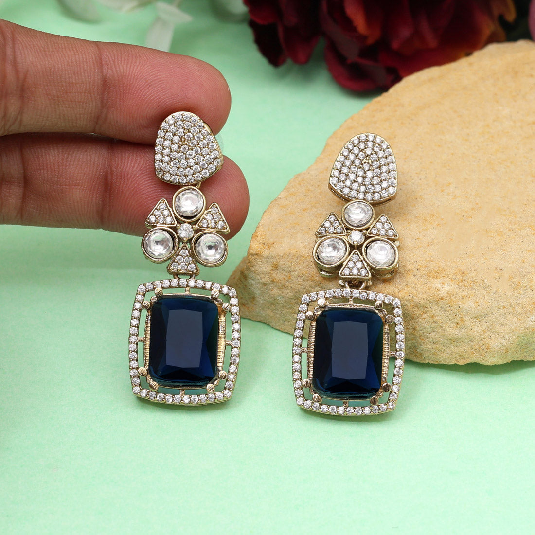 Blue Color Royal Look Handmade Jaipur Earrings On Brass Metal With American Diamond And Monalisa Stones Studded On Apala Polish (ADE614BLU) - Preyans.com