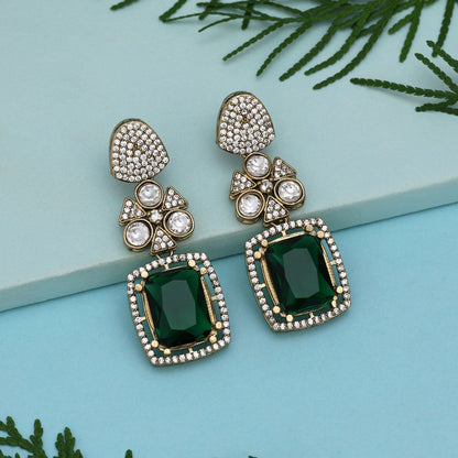 Green Color Royal Look Handmade Jaipur Earrings On Brass Metal With American Diamond And Monalisa Stones Studded On Apala Polish (ADE614GRN) - Preyans.com