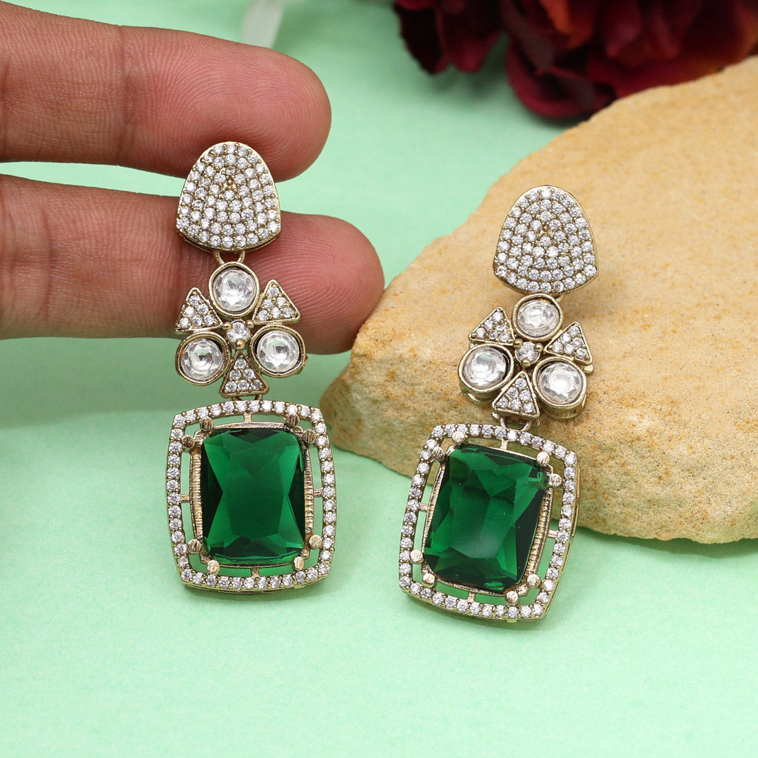 Green Color Royal Look Handmade Jaipur Earrings On Brass Metal With American Diamond And Monalisa Stones Studded On Apala Polish (ADE614GRN) - Preyans.com