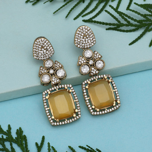 Yellow Color Royal Look Handmade Jaipur Earrings On Brass Metal With American Diamond And Monalisa Stones Studded On Apala Polish (ADE614YLW) - Preyans.com