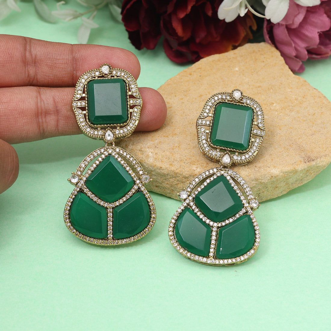 Green Color Royal Look Handmade Jaipur Earrings On Brass Metal With American Diamond And Monalisa Stones Studded On Apala Polish (ADE615GRN) - Preyans.com