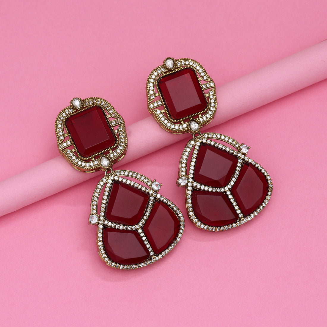 Maroon Color Royal Look Handmade Jaipur Earrings On Brass Metal With American Diamond And Monalisa Stones Studded On Apala Polish (ADE615MRN) - Preyans.com