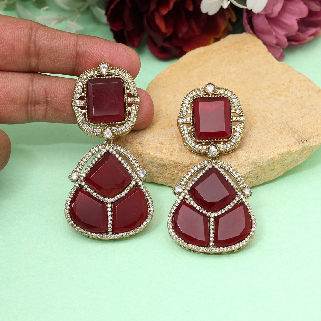 Maroon Color Royal Look Handmade Jaipur Earrings On Brass Metal With American Diamond And Monalisa Stones Studded On Apala Polish (ADE615MRN) - Preyans.com