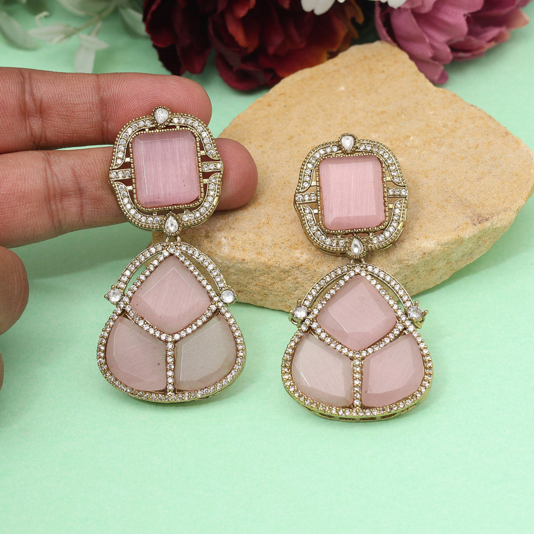 Pink Color Royal Look Handmade Jaipur Earrings On Brass Metal With American Diamond And Monalisa Stones Studded On Apala Polish (ADE615PNK) - Preyans.com