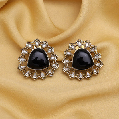 Black Color Royal Look Handmade Jaipur Earrings On Brass Metal With American Diamond And Monalisa Stones Studded On Apala Polish (ADE616BLK) - Preyans.com