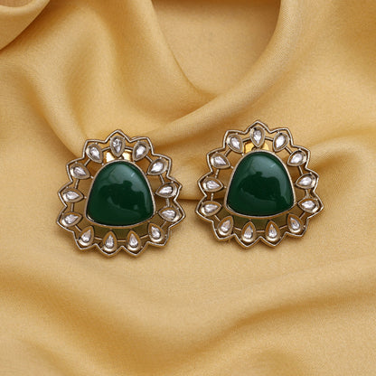 Green Color Royal Look Handmade Jaipur Earrings On Brass Metal With American Diamond And Monalisa Stones Studded On Apala Polish (ADE616GRN) - Preyans.com