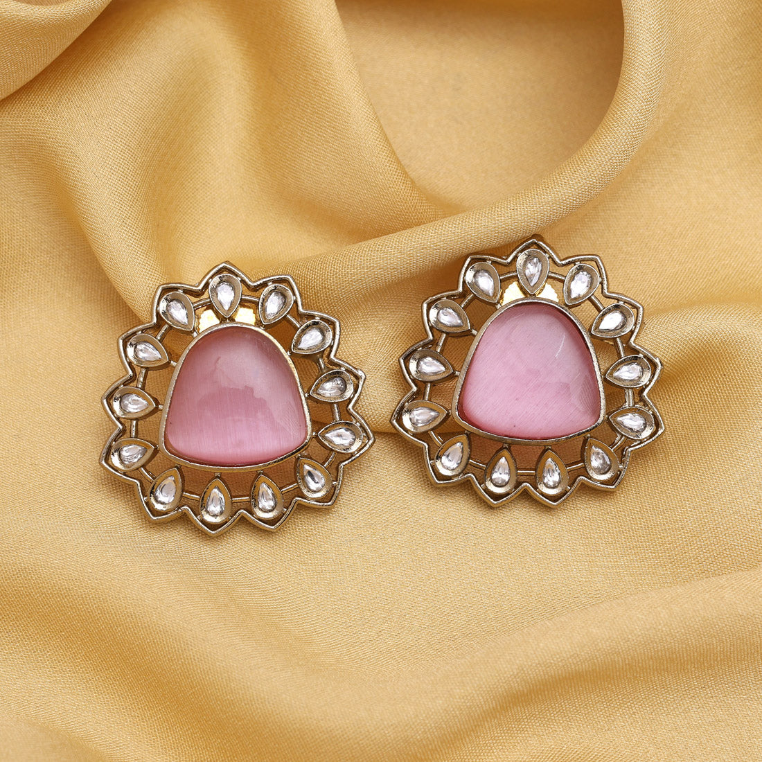 Pink Color Royal Look Handmade Jaipur Earrings On Brass Metal With American Diamond And Monalisa Stones Studded On Apala Polish (ADE616PNK) - Preyans.com