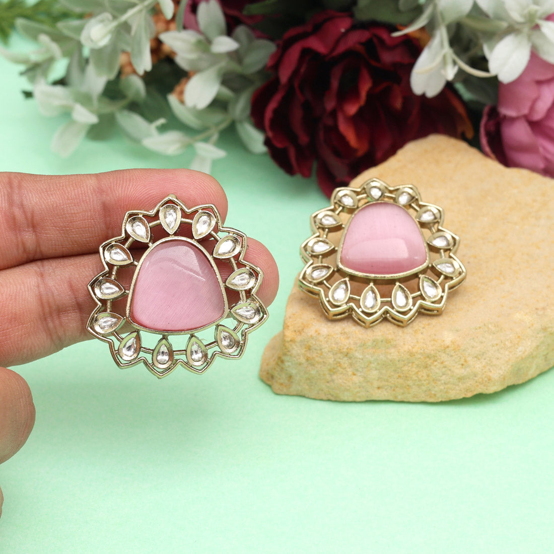 Pink Color Royal Look Handmade Jaipur Earrings On Brass Metal With American Diamond And Monalisa Stones Studded On Apala Polish (ADE616PNK) - Preyans.com