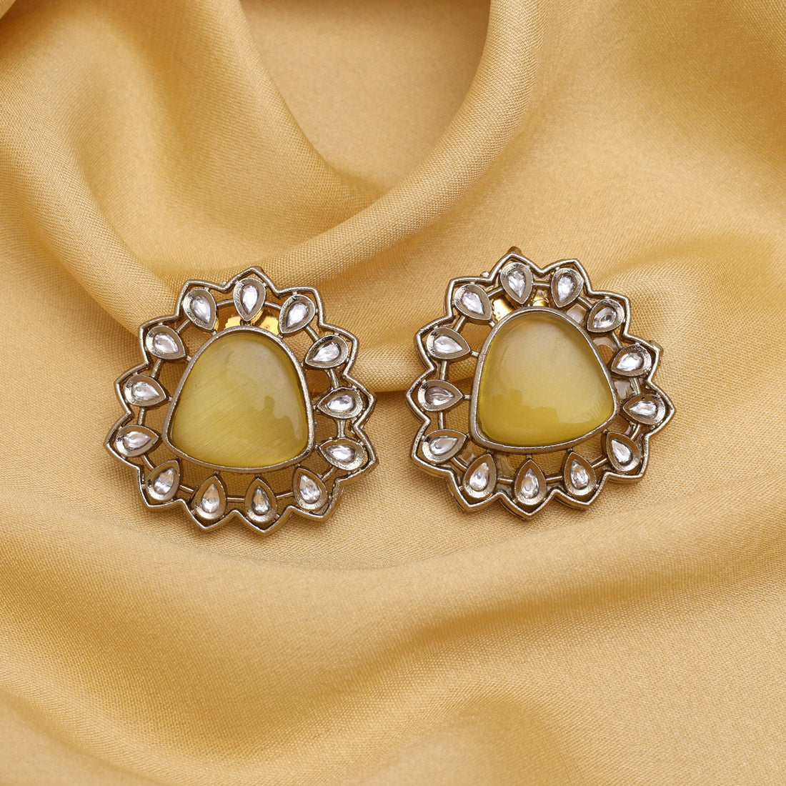 Yellow Color Royal Look Handmade Jaipur Earrings On Brass Metal With American Diamond And Monalisa Stones Studded On Apala Polish (ADE616YLW) - Preyans.com