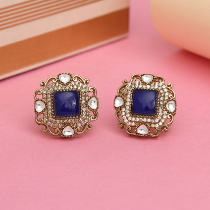 Blue Color Royal Look Handmade Jaipur Earrings On Brass Metal With American Diamond And Monalisa Stones Studded On Apala Polish (ADE618BLU) - Preyans.com