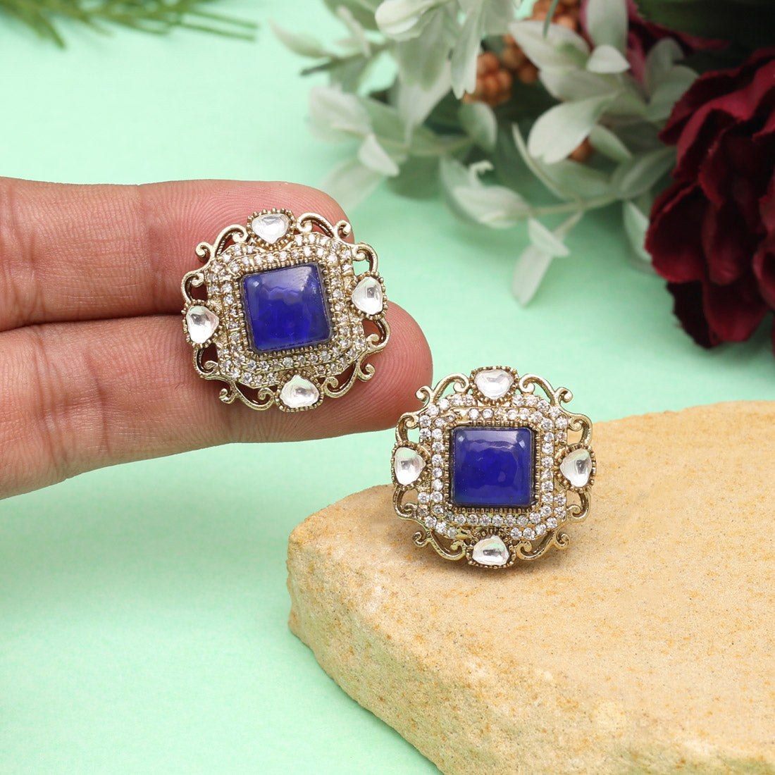 Blue Color Royal Look Handmade Jaipur Earrings On Brass Metal With American Diamond And Monalisa Stones Studded On Apala Polish (ADE618BLU) - Preyans.com