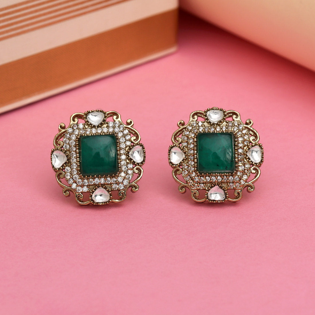 Green Color Royal Look Handmade Jaipur Earrings On Brass Metal With American Diamond And Monalisa Stones Studded On Apala Polish (ADE618GRN) - Preyans.com