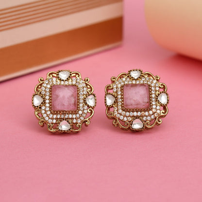 Pink Color Royal Look Handmade Jaipur Earrings On Brass Metal With American Diamond And Monalisa Stones Studded On Apala Polish (ADE618PNK) - Preyans.com