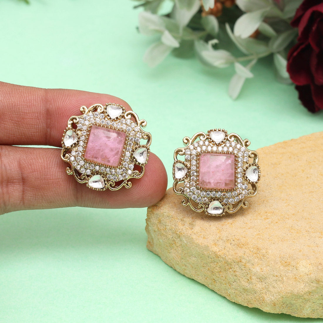 Pink Color Royal Look Handmade Jaipur Earrings On Brass Metal With American Diamond And Monalisa Stones Studded On Apala Polish (ADE618PNK) - Preyans.com