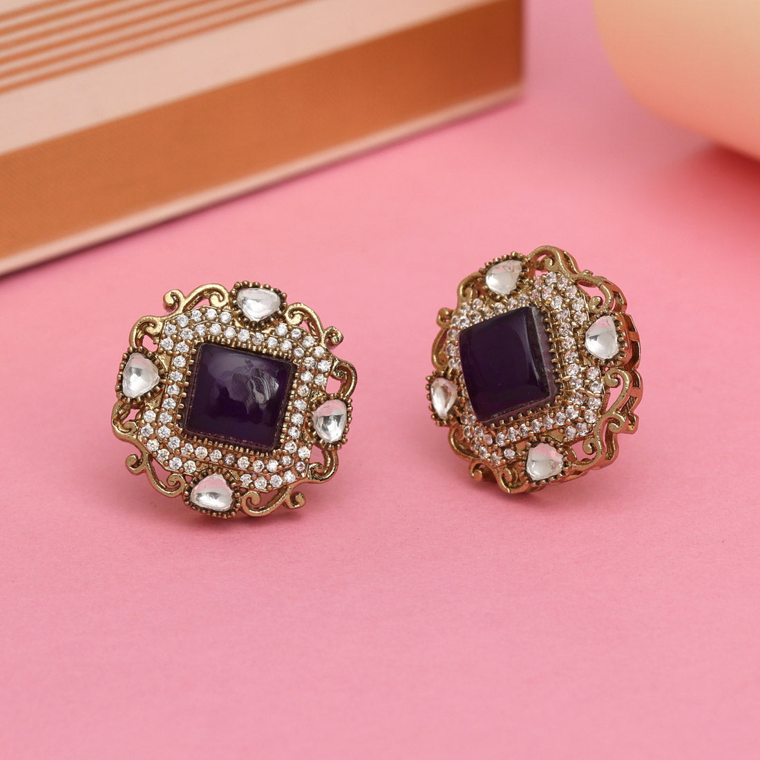 Purple Color Royal Look Handmade Jaipur Earrings On Brass Metal With American Diamond And Monalisa Stones Studded On Apala Polish (ADE618PRP) - Preyans.com