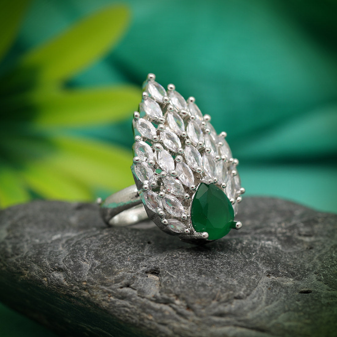 Green Color American Diamond Finger Ring (ADR557GRN) - Preyans.com