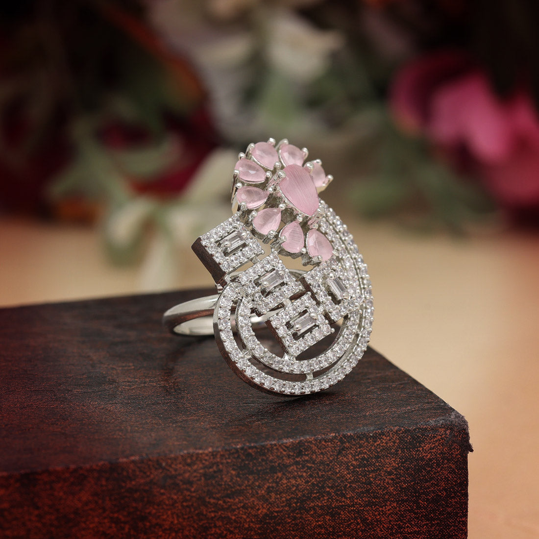 Pink Color American Diamond Finger Ring (ADR566PNK) - preyans.com