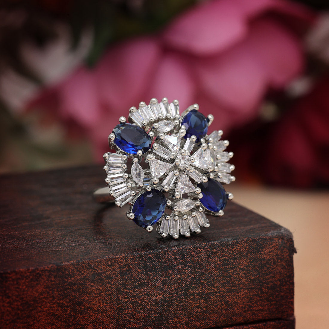 Blue Color American Diamond Finger Ring (ADR569BLU) - preyans.com