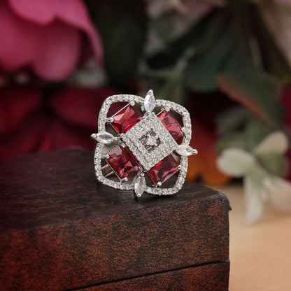 Ruby Color American Diamond Finger Ring (ADR571RUBY) - preyans.com