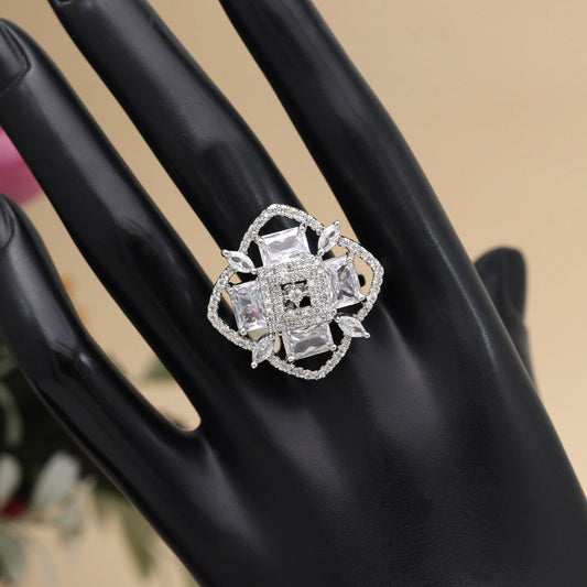 Silver Color American Diamond Finger Ring (ADR571SLV) - preyans.com