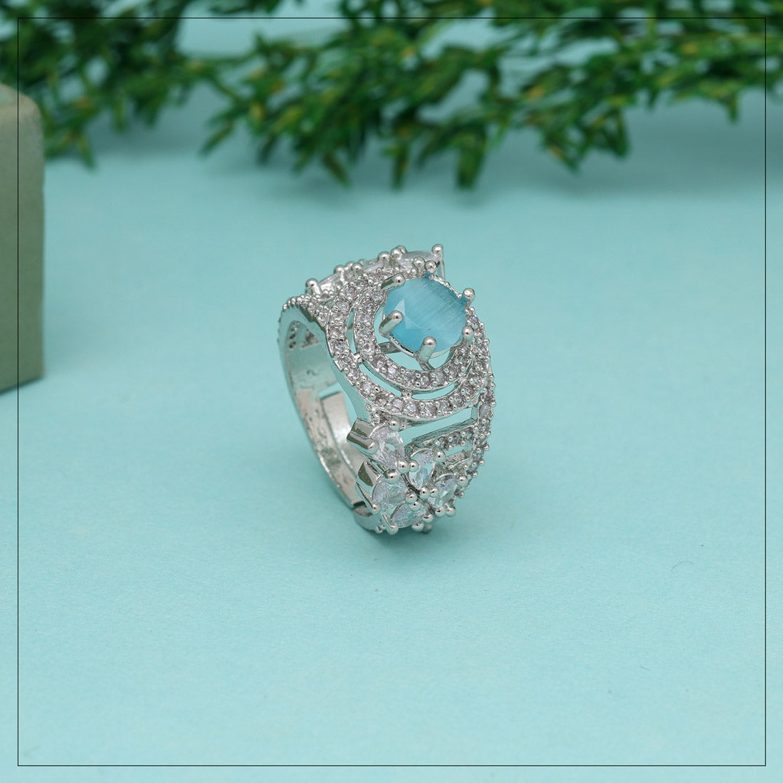 Sky Blue Color American Diamond Finger Ring (ADR585SBLU) - preyans.com