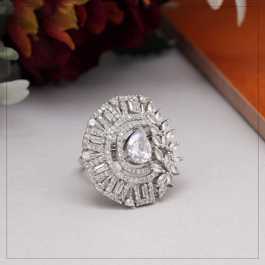 Silver Color American Diamond Finger Ring (ADR594SLV) - preyans.com