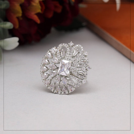 Silver Color American Diamond Finger Ring (ADR597SLV) - Preyans.com