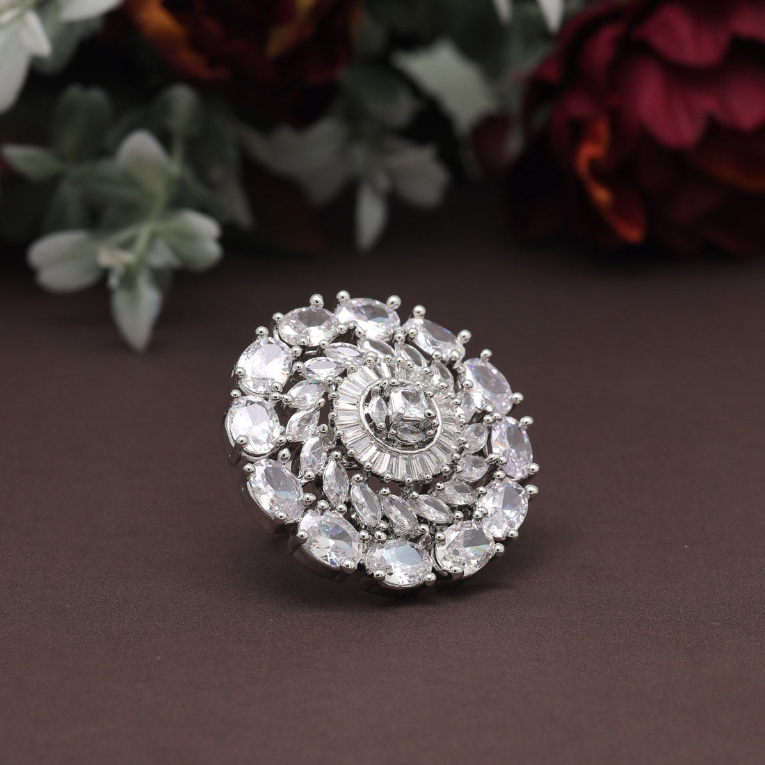 Silver Color American Diamond Finger Ring (ADR598SLV) - preyans.com