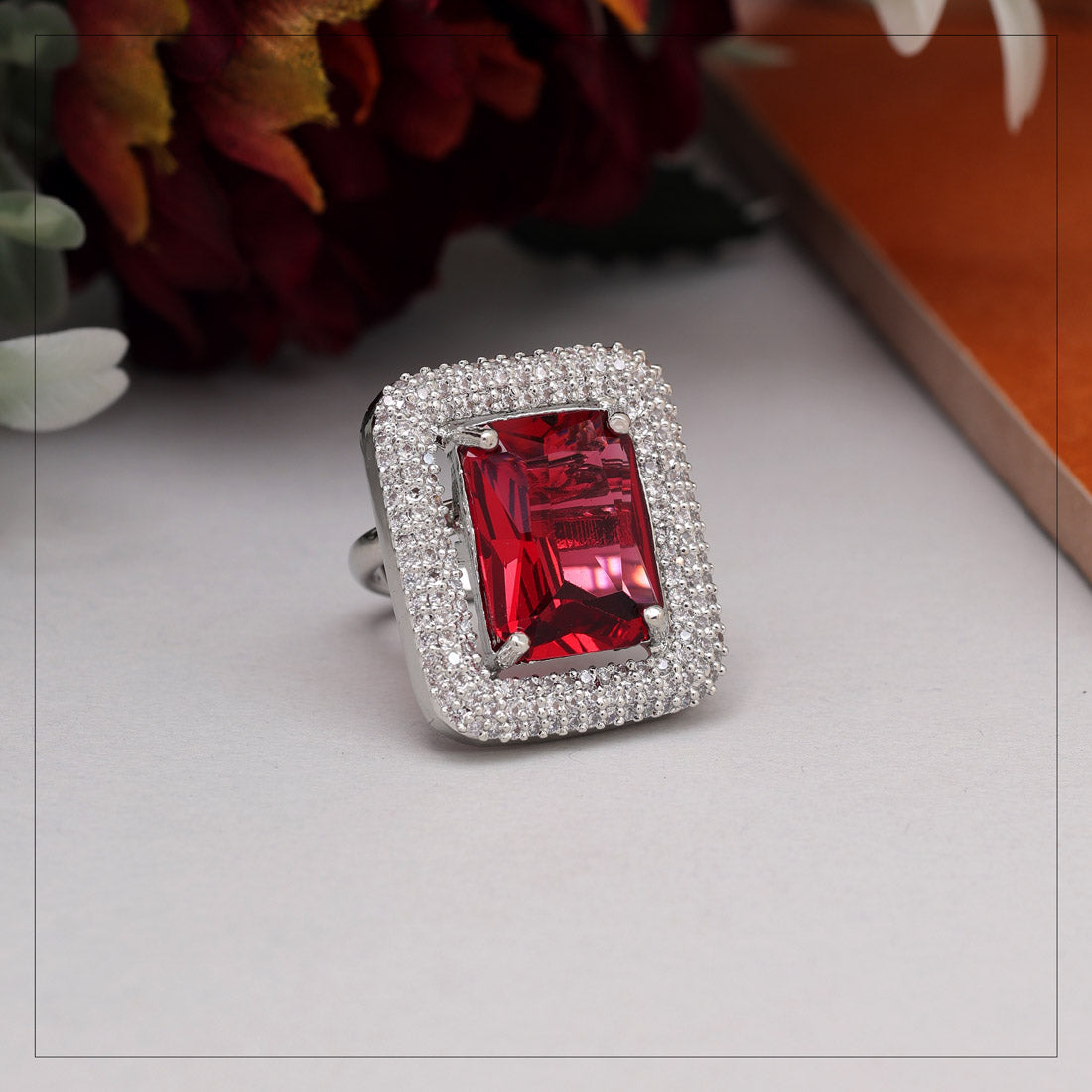 Ruby Color American Diamond Finger Ring (ADR601RUBY) - preyans.com