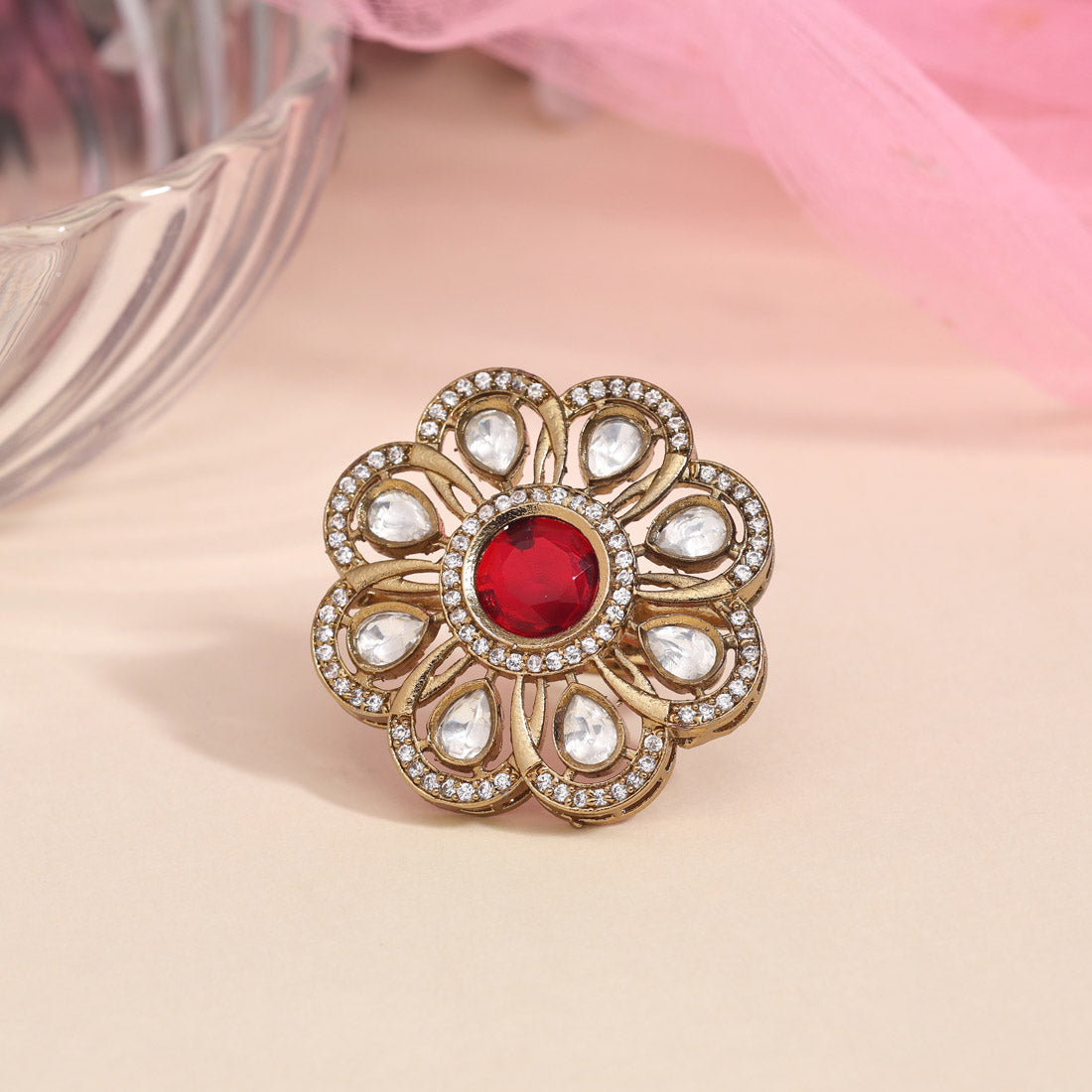 Red Color American Diamond Finger Ring (ADR618RED) - preyans.com