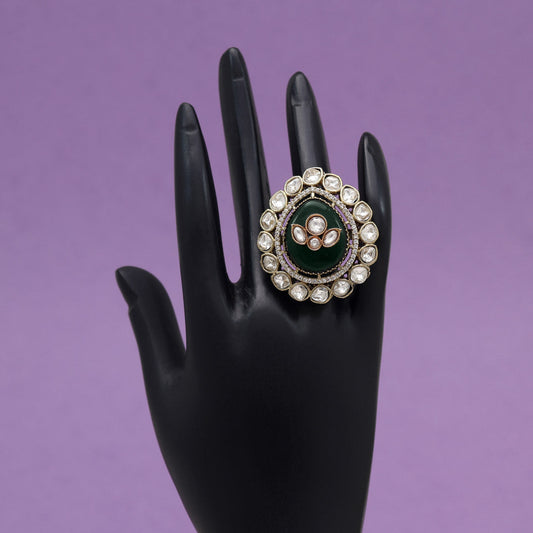 Green Color Handmade Premium Quality Brass Metal Moissanite Stone Jaipur Fiinger Rings (ADR622GRN) - Preyans.com