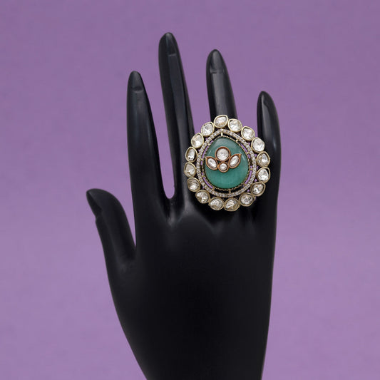 Pista Green Color Handmade Premium Quality Brass Metal Moissanite Stone Jaipur Fiinger Rings (ADR622PGRN) - Preyans.com