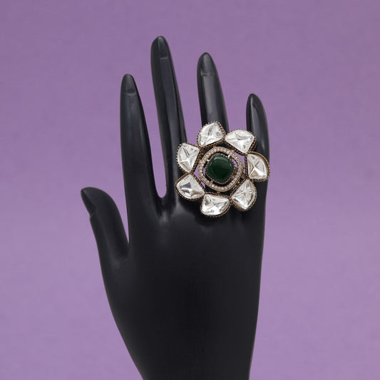 Green Color Handmade Premium Quality Brass Metal Moissanite Stone Jaipur Fiinger Rings (ADR623GRN) - Preyans.com