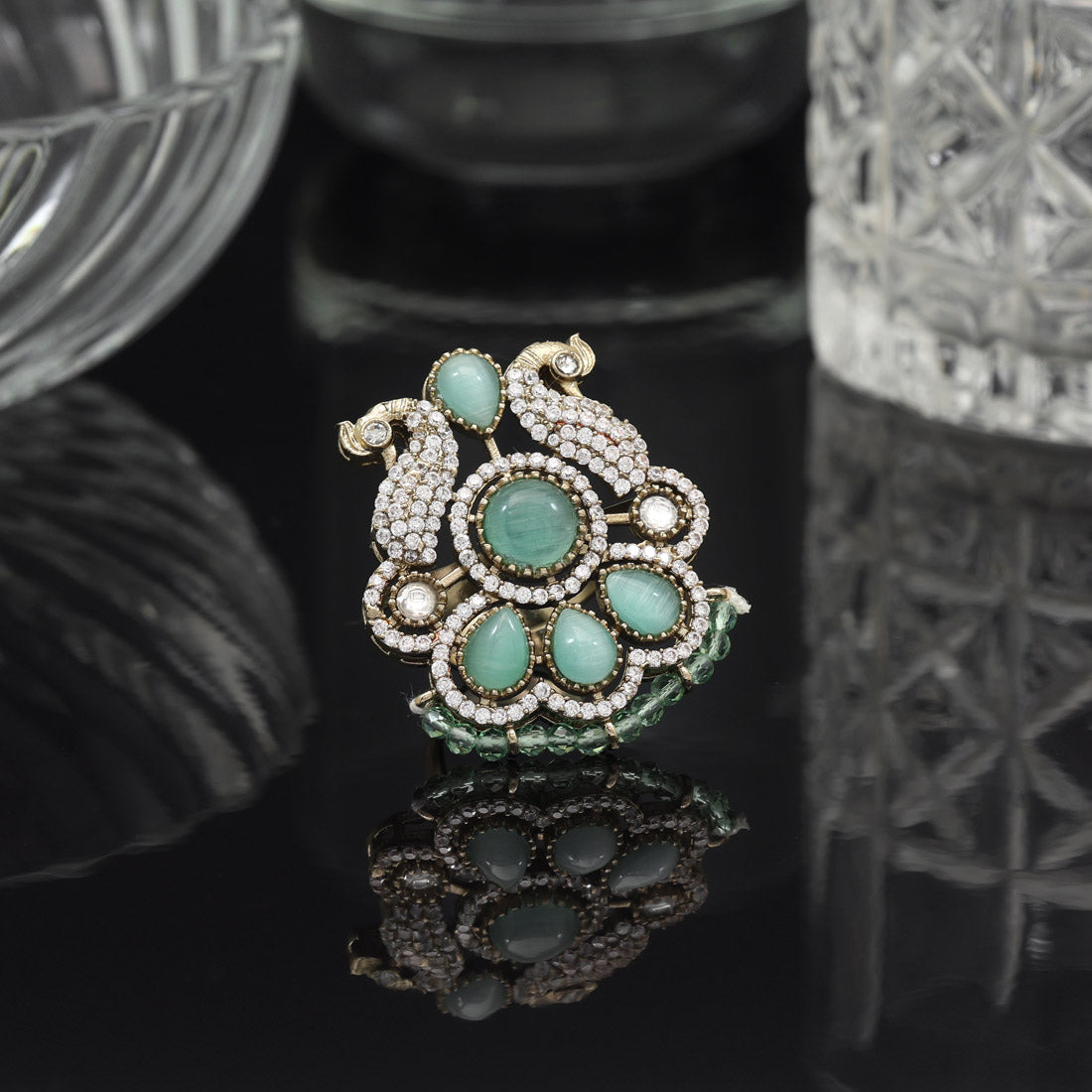 Pista Green Color American Diamond Finger Ring - Preyans.com
