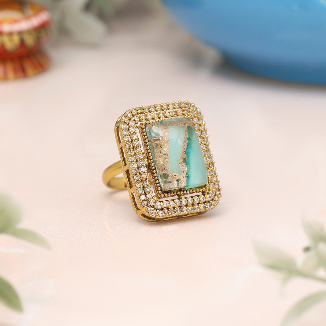 Pista Green Color American Diamond Finger Ring - Preyans.com