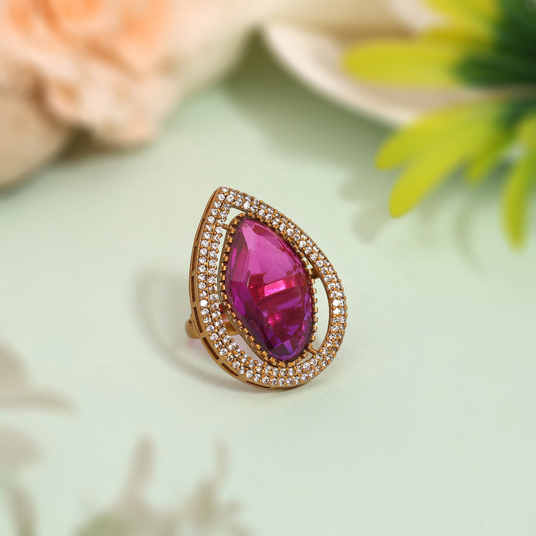 Elegant Magenta Color American Diamond Finger Ring With Sparkling Detailing - Preyans.com
