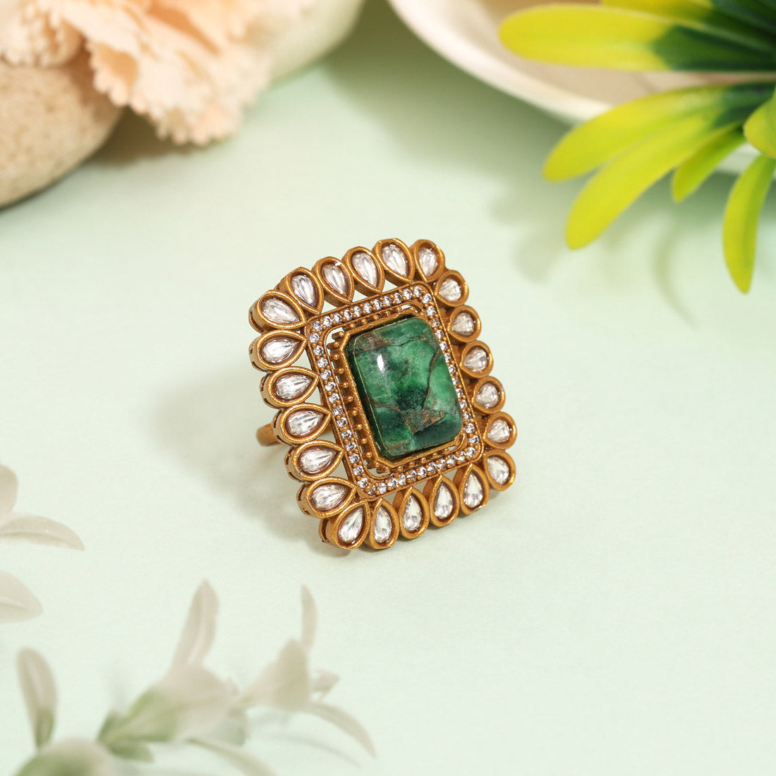 Fresh Green Color American Diamond Finger Ring With Intricate Stone Setting - Preyans.com