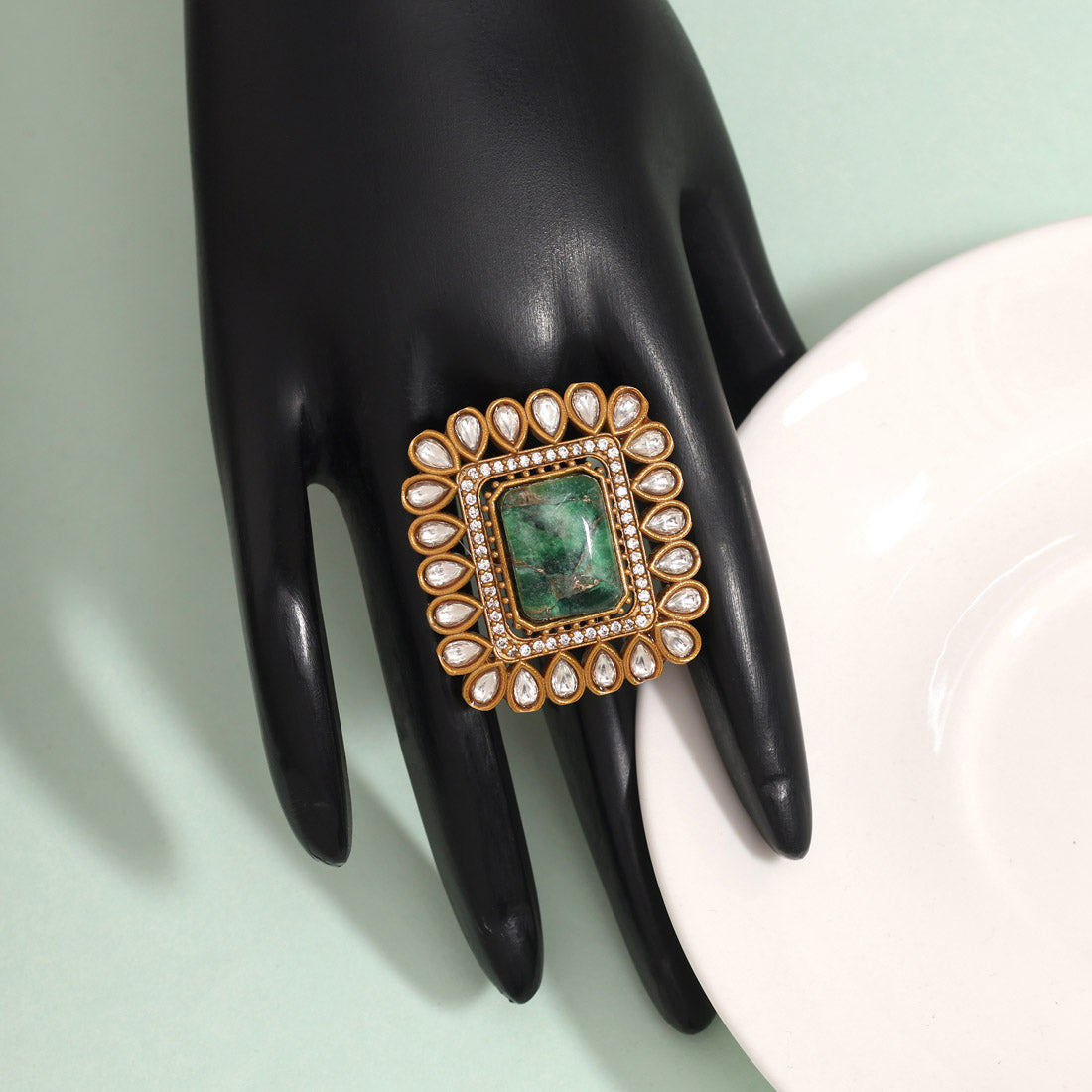 Fresh Green Color American Diamond Finger Ring With Intricate Stone Setting - Preyans.com