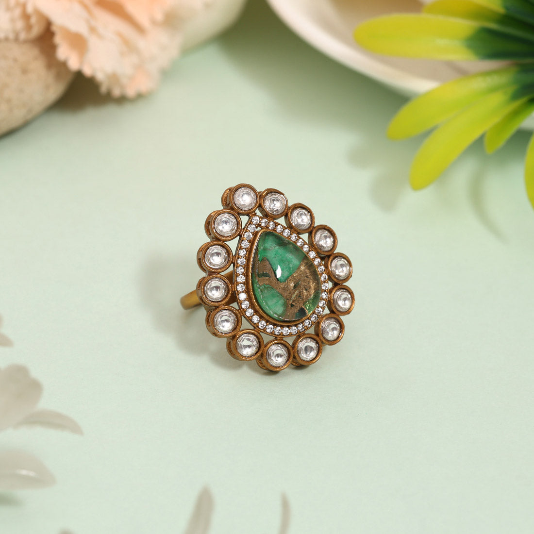Vibrant Green Color American Diamond Finger Ring For Trendy Styling - Preyans.com