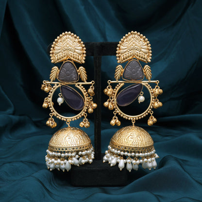 Grey Color Handmade In Jaipur On Brass Metal With Natural Carving & Monalisa Stones Amrapali Earrings (AMPE440GRY) - Preyans.com